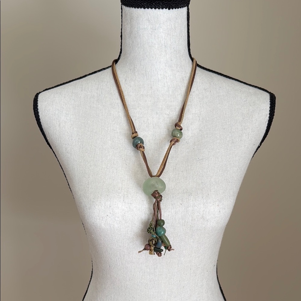 Glass Ceramic Bead Leather Cord Natural Tassel Necklace Blue Green